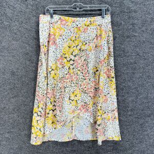Loft Wrap Skirt 8P Petite White Floral Midi Zipper Mid Rise Stretch Casual